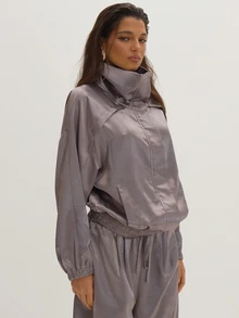 MUSEYN Grey Satin High Neck Zip Bomber Jacket Classy Date Night Chic Evening Fall - Dark Grey - View 4