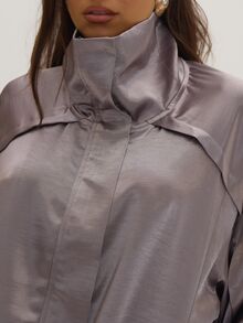 MUSEYN Grey Satin High Neck Zip Bomber Jacket Classy Date Night Chic Evening Fall - Dark Grey - View 6