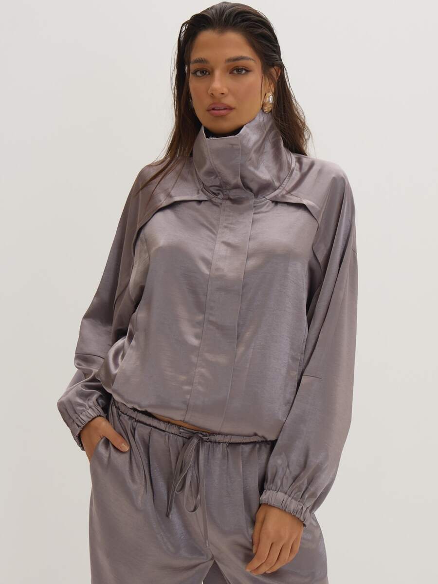 MUSEYN Grey Satin High Neck Zip Bomber Jacket Classy Date Night Chic Evening Fall - Dark Grey - View 1