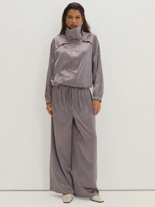 MUSEYN Grey Satin High Neck Zip Bomber Jacket Classy Date Night Chic Evening Fall - Dark Grey - View 3
