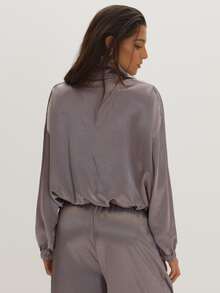 MUSEYN Grey Satin High Neck Zip Bomber Jacket Classy Date Night Chic Evening Fall - Dark Grey - View 5