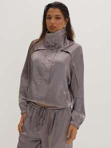 MUSEYN Grey Satin High Neck Zip Bomber Jacket Classy Date Night Chic Evening Fall - Dark Grey - View 2