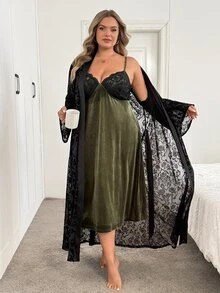 SHEIN CURVE+ Plus Size Co-Ords Christmas Fall - Dark Green - View 3