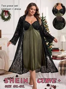 SHEIN CURVE+ Plus Size Co-Ords Christmas Fall - Dark Green - View 9