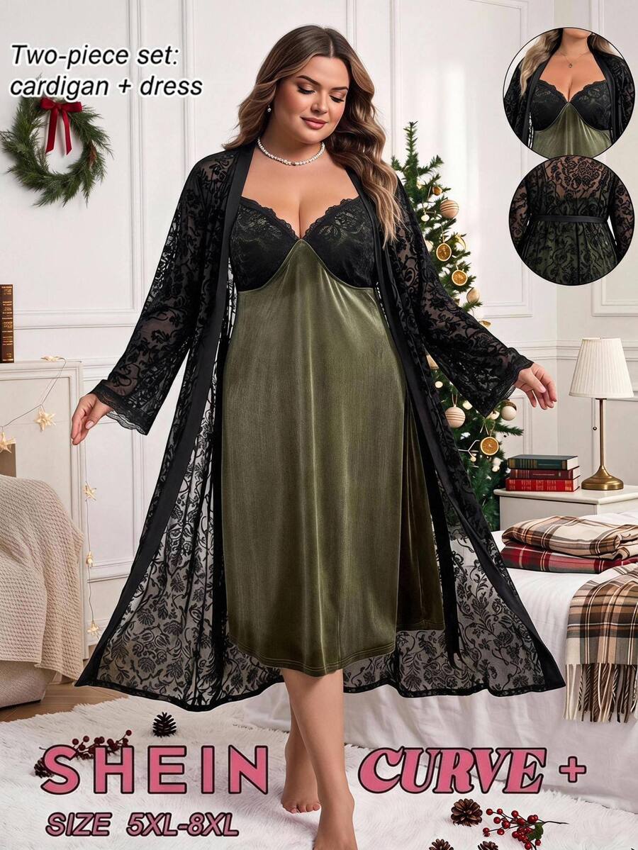 SHEIN CURVE+ Plus Size Co-Ords Christmas Fall - Dark Green - View 1