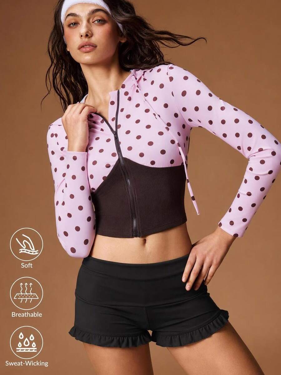 VARSIVA Women's Fashion Polka Dot Colorblock Zipper Short Long Sleeve Sports T-Shirt