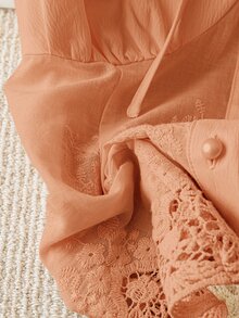 SHEIN PariChic Women's Spring/Summer French Style Sweet Elegant Frill Tie-Up Lace Patchwork Hollow Floral Off-Shoulder Convertible Fitted Cropped Top Blouse - Coral Orange - View 8