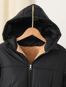 SHEIN 青少年女孩休閒時尚梭織布料絎縫連帽長版外套，對比色抓絨內裡，寬鬆舒適，適合秋冬日常通勤、戶外、派對、拍照、購物 - 黑色 - 查看 4
