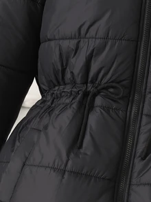 SHEIN 青少年女孩休閒時尚梭織布料絎縫連帽長版外套，對比色抓絨內裡，寬鬆舒適，適合秋冬日常通勤、戶外、派對、拍照、購物 - 黑色 - 查看 5