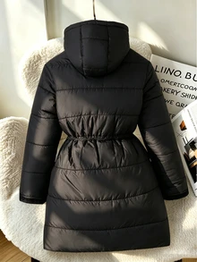 SHEIN 青少年女孩休閒時尚梭織布料絎縫連帽長版外套，對比色抓絨內裡，寬鬆舒適，適合秋冬日常通勤、戶外、派對、拍照、購物 - 黑色 - 查看 2