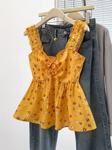 SHEIN PariChic 女士甜美碎花系带装饰宽松无袖吊带背心，日常红色碎花细肩带吊带衫，节日红色碎花吊带衫 - 黃色 - 查看 6