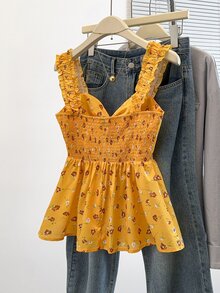 SHEIN PariChic 女士甜美碎花系带装饰宽松无袖吊带背心，日常红色碎花细肩带吊带衫，节日红色碎花吊带衫 - 黃色 - 查看 2