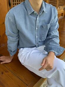 DAZY Jaket Denim Biru Pudar Vintage Pria, Musim Semi/Musim Gugur - Biru - View 7