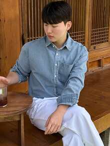 DAZY Jaket Denim Biru Pudar Vintage Pria, Musim Semi/Musim Gugur - Biru - View 6