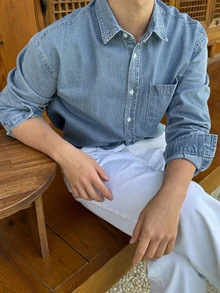 DAZY Jaket Denim Biru Pudar Vintage Pria, Musim Semi/Musim Gugur - Biru - View 5