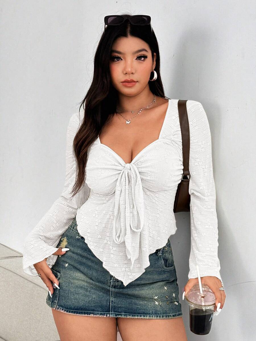 Vionelle Plus Size Sexy Lace Long Sleeve T-Shirt Top, See-Through, Versatile, Form-Fitting Fall Cloth For Women - White - View 1