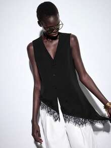 SHEIN PariChic Spring/Summer New Women's V-Neck Asymmetric Lace Trim Top - Black - View 5