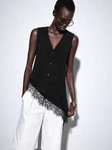 SHEIN PariChic Spring/Summer New Women's V-Neck Asymmetric Lace Trim Top - Black - View 7