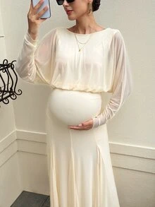 MaterniWear فستان أنيق للحوامل بلون موحد وياقة دائرية وأكمام طويلة بتصميم جناح الخفاش لفصل الخريف - لون مشمشي - مشاهدة 6