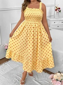Vionelle Plus Size Summer Casual Solid Color Cami Dress Maxi Women Outfit - Yellow - View 3