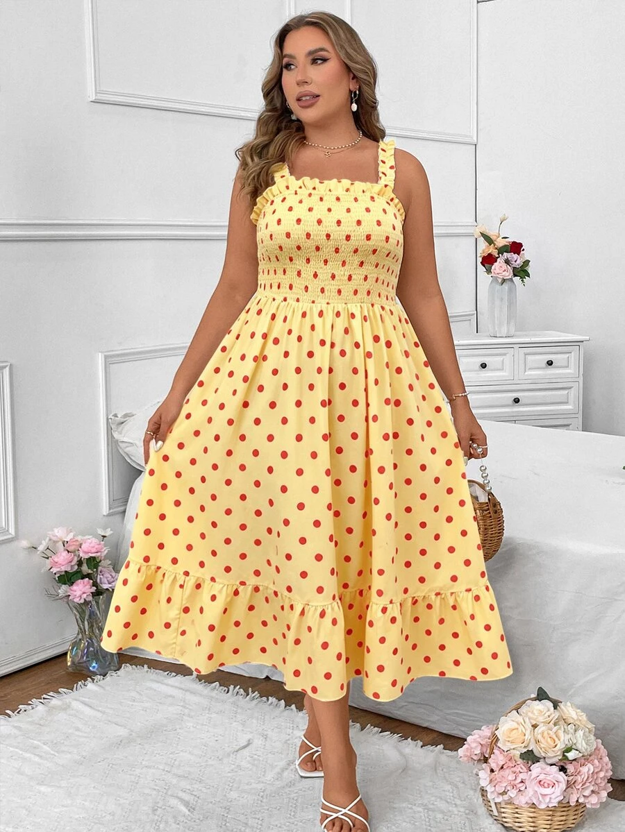 Vionelle Plus Size Summer Casual Solid Color Cami Dress Maxi Women Outfit - Yellow - View 1