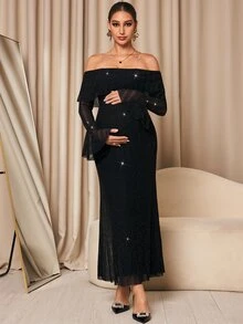 MaterniChic Maternity Solid Color Off-Shoulder Flared Sleeve Shiny Elegant Dress Fall - Black - View 2