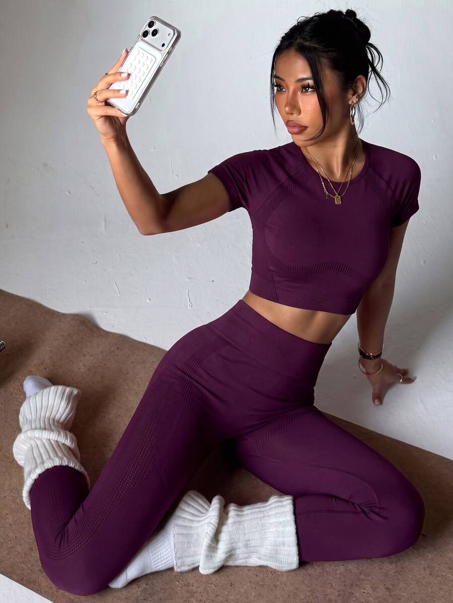Slayform Slayform Women Plain Solid Color Crew Neck Short Sleeve Top And Stretchy Seamless Long Pants Athletic Sportswear Set Workout Leggings Gym Outfit