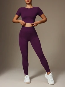 Slayform Slayform Women Plain Solid Color Crew Neck Short Sleeve Top And Stretchy Seamless Long Pants Athletic Sportswear Set Workout Leggings Gym Outfit - Red Violet - View 6