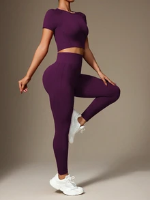Slayform Slayform Women Plain Solid Color Crew Neck Short Sleeve Top And Stretchy Seamless Long Pants Athletic Sportswear Set Workout Leggings Gym Outfit - Red Violet - View 7