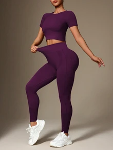 Slayform Slayform Women Plain Solid Color Crew Neck Short Sleeve Top And Stretchy Seamless Long Pants Athletic Sportswear Set Workout Leggings Gym Outfit - Red Violet - View 9