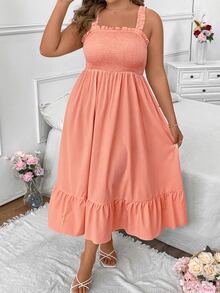 Vionelle Plus Size Summer Casual Solid Color Cami Dress Maxi Women Outfit - Coral Orange - View 4