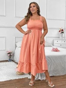 Vionelle Plus Size Summer Casual Solid Color Cami Dress Maxi Women Outfit - Coral Orange - View 7