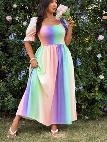 Vionelle Plus Size Women Casual Elegant Princess A-Line Short Sleeve Gradient Color Dress, Suitable For Vacation - Multicolor - View 6
