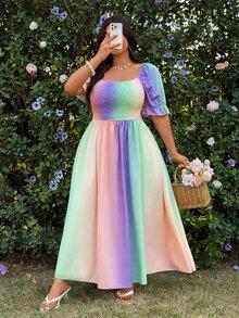 Vionelle Plus Size Women Casual Elegant Princess A-Line Short Sleeve Gradient Color Dress, Suitable For Vacation - Multicolor - View 4