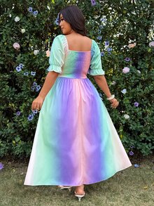 Vionelle Plus Size Women Casual Elegant Princess A-Line Short Sleeve Gradient Color Dress, Suitable For Vacation - Multicolor - View 2