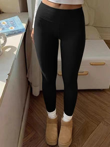 CovetEZ 女式纯色松紧腰罗纹保暖内衬紧身裤，秋冬款 - 黑色 - 查看 2