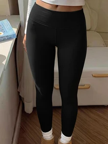 CovetEZ 女式纯色松紧腰罗纹保暖内衬紧身裤，秋冬款 - 黑色 - 查看 3