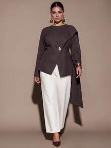 SHEIN BAE CURVE Plus Size Women's Solid Color Casual Versatile Daily Wear Overcoat Winter - Coffee Brown - View 6