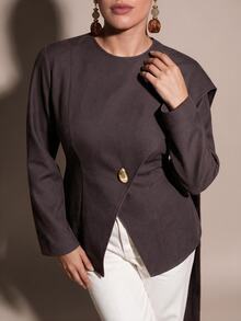 SHEIN BAE CURVE Plus Size Women's Solid Color Casual Versatile Daily Wear Overcoat Winter - Coffee Brown - View 4