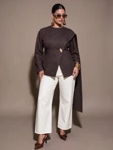 SHEIN BAE CURVE Plus Size Women's Solid Color Casual Versatile Daily Wear Overcoat Winter - Coffee Brown - View 7