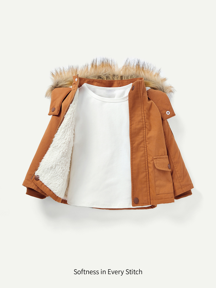 THE HAPPY LOOK Baby Boy Fuzzy Trim Hooded Thermal Lined Parka Coat Without Tee - Brown - View 2