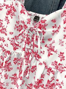 SHEIN PariChic Women's Sweet Ditsy Floral Tie Knot Waist Loose Fit Wide Strap Sleeveless Tank Top, Spring Summer Casual Cute Cottagecore Boho White And Pink - Red - View 6