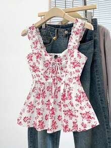SHEIN PariChic Women's Sweet Ditsy Floral Tie Knot Waist Loose Fit Wide Strap Sleeveless Tank Top, Spring Summer Casual Cute Cottagecore Boho White And Pink - Red - View 8