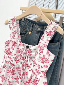 SHEIN PariChic Women's Sweet Ditsy Floral Tie Knot Waist Loose Fit Wide Strap Sleeveless Tank Top, Spring Summer Casual Cute Cottagecore Boho White And Pink - Red - View 7