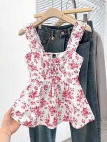 SHEIN PariChic Women's Sweet Ditsy Floral Tie Knot Waist Loose Fit Wide Strap Sleeveless Tank Top, Spring Summer Casual Cute Cottagecore Boho White And Pink - Red - View 4