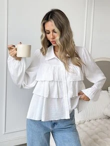 Easowa Button-Front Multi-Layer Ruffle A-Line Long Sleeve Blouse, Casual Relaxed Elegant Commuter Old Money Style Women's Shirt For Autumn/Winter - White - View 3