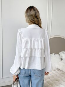 Easowa Button-Front Multi-Layer Ruffle A-Line Long Sleeve Blouse, Casual Relaxed Elegant Commuter Old Money Style Women's Shirt For Autumn/Winter - White - View 7