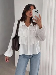 Easowa Button-Front Multi-Layer Ruffle A-Line Long Sleeve Blouse, Casual Relaxed Elegant Commuter Old Money Style Women's Shirt For Autumn/Winter - White - View 1