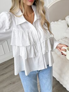 Easowa Button-Front Multi-Layer Ruffle A-Line Long Sleeve Blouse, Casual Relaxed Elegant Commuter Old Money Style Women's Shirt For Autumn/Winter - White - View 5