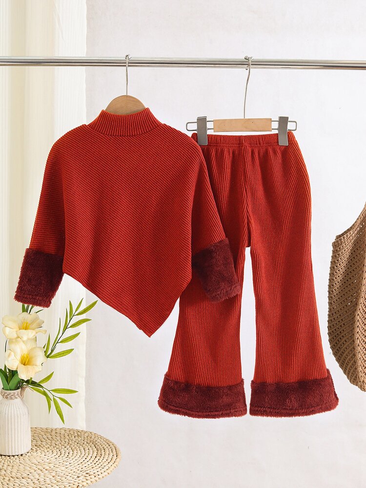 SHEIN Young Girls' Fall Casual Western T-Shirt Set Asymmetrical High Neck Red Knit Patchwork Polar Fleece Flared Pants 2 Pieces 7th Birthday Gifts - Orange - View 2